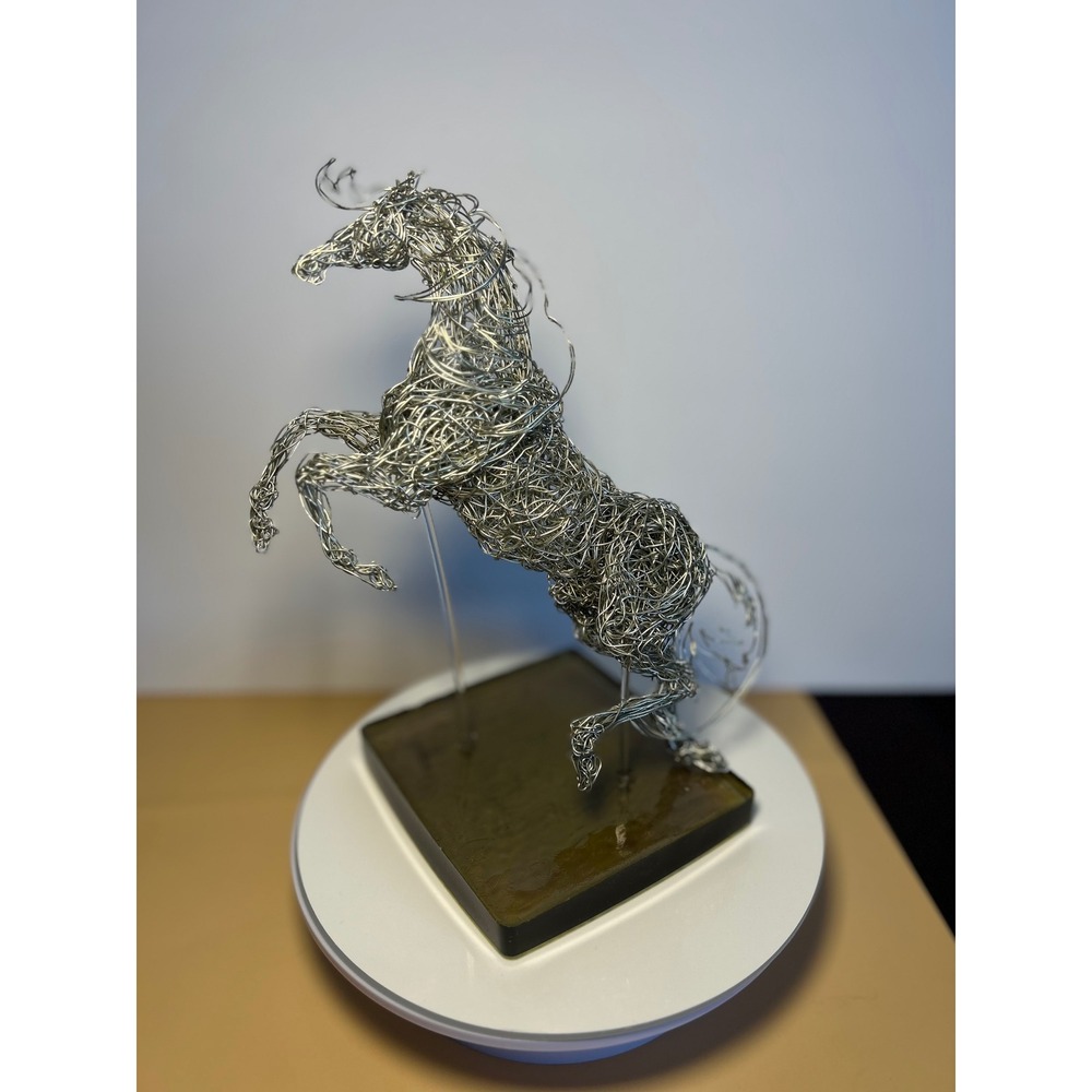 Handmade Silver Wire Horse Sculpture Rearing Stallion Art Amber Resin Base